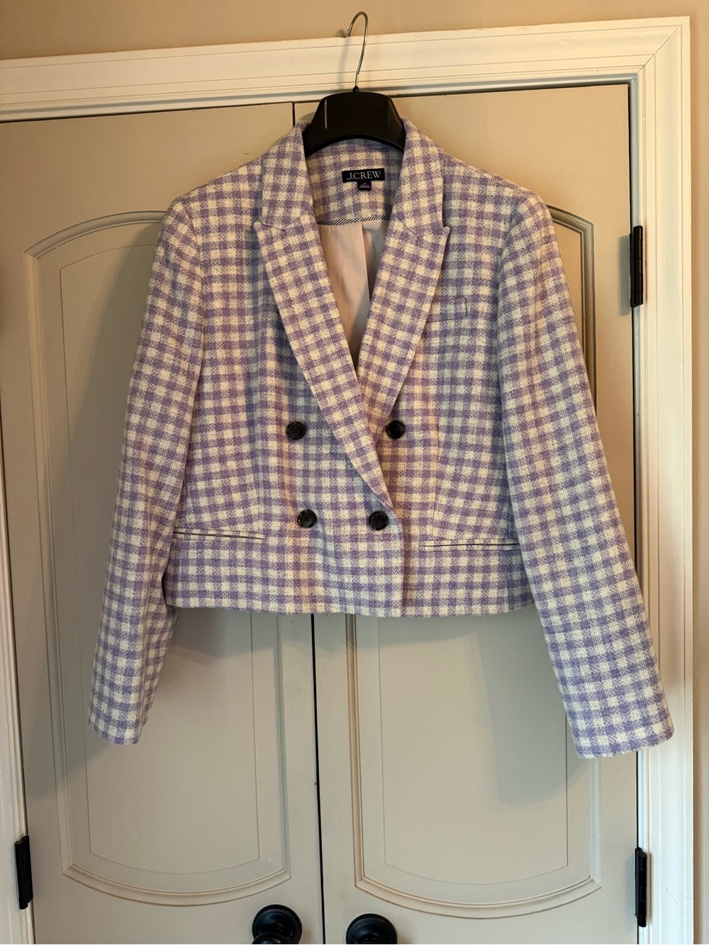 J. Crew Lavender and White Gingham Cropped Double-Breasted Blazer